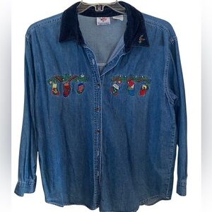 Vintage 90s Nutcracker Embroidered Denim Shirt Christmas Stockings Velvet Collar